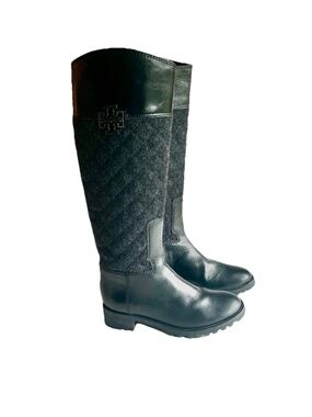 Tory Burch Black Textile Genuine Leather High Rubber Outsole Knee Boots size 6